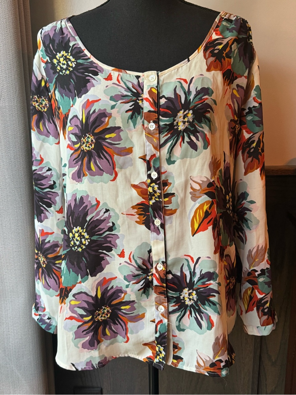 Lands' End Cream Blouse with Purple, Teal & Orange Floral Print 1X EUC